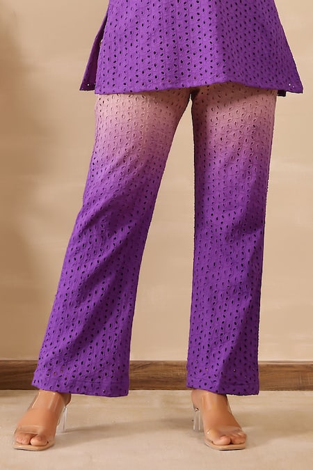 Masoomm_Purple Cotton Embroidery V-neck Ombre Shiffli Co-ord Set _Online_at_Aza_Fashions
