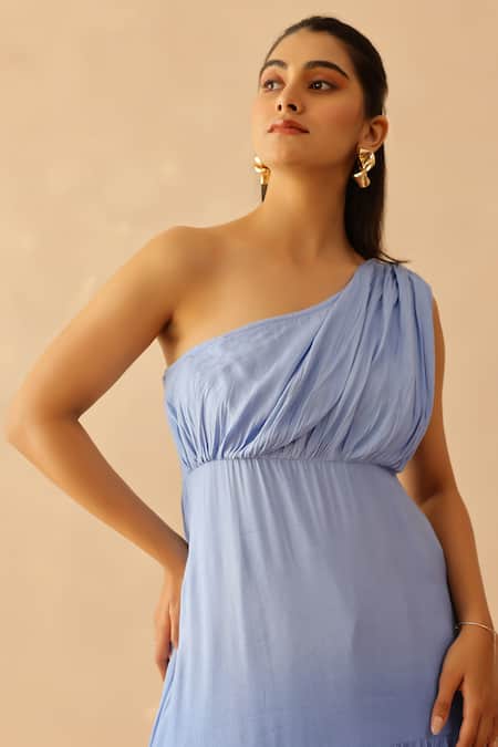 Masoomm_Blue Cotton One Shoulder Ombre Tiered Maxi Dress _at_Aza_Fashions