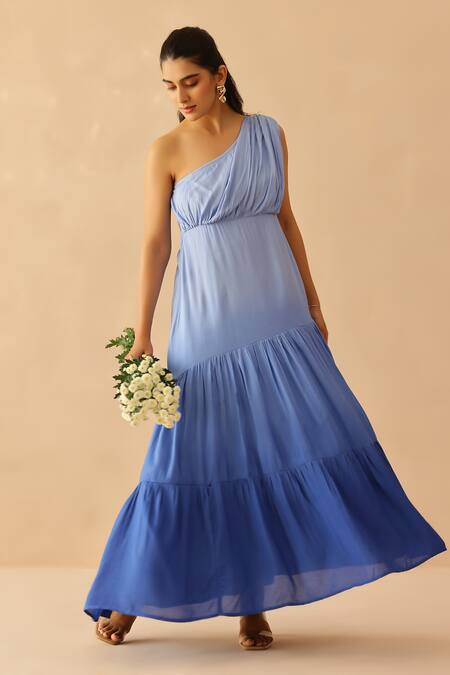 Buy_Masoomm_Blue Cotton One Shoulder Ombre Tiered Maxi Dress 