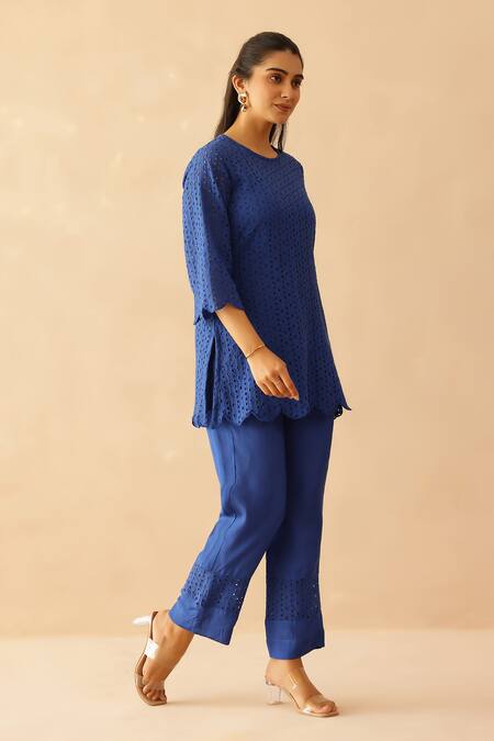 Masoomm_Blue Cotton Embroidery Round Neck Shiffli Co-ord Set _Online_at_Aza_Fashions