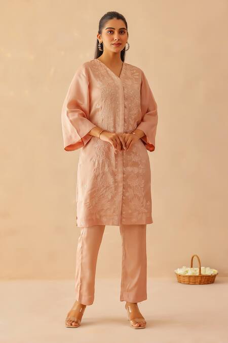 Masoomm_Pink Silk, Cotton, Organza Embroidery V-neck Pastel Kurta Set _Online_at_Aza_Fashions