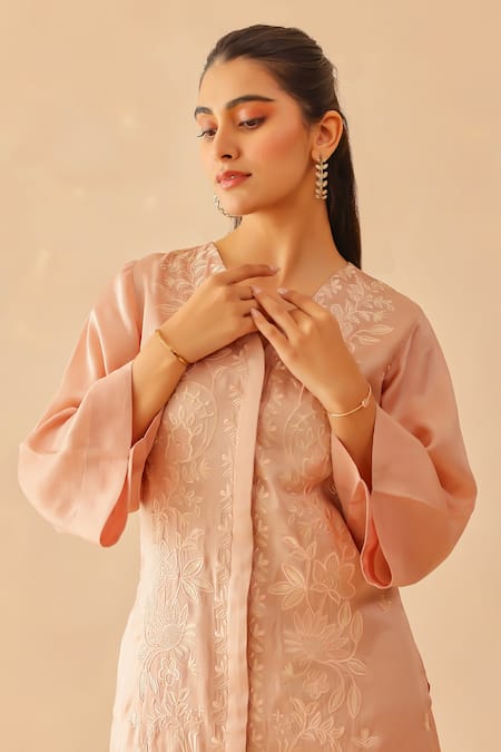 Shop_Masoomm_Pink Silk, Cotton, Organza Embroidery V-neck Pastel Kurta Set _Online_at_Aza_Fashions