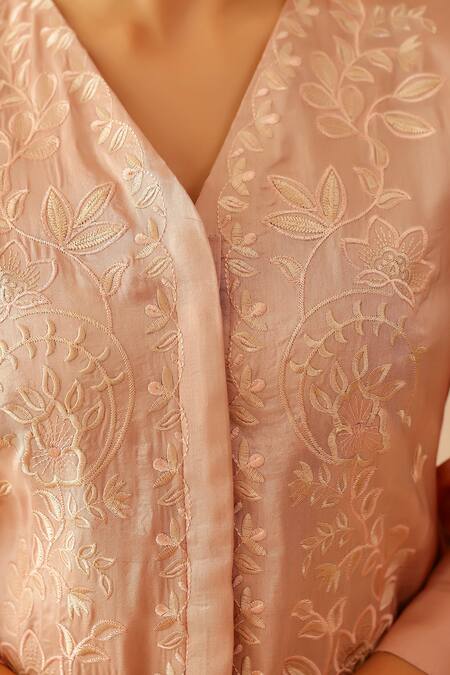 Masoomm_Pink Silk, Cotton, Organza Embroidery V-neck Pastel Kurta Set _at_Aza_Fashions