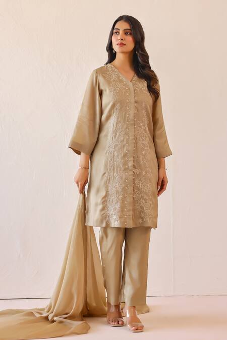 Buy_Masoomm_Green Silk, Cotton, Organza Embroidery V-neck Sage Kurta Set 