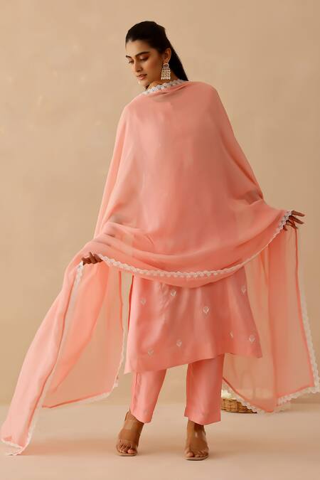 Buy_Masoomm_Pink Silk, Cotton, Organza Embroidery, Lace Round Neck Floral Salmon Kurta Set _Online_at_Aza_Fashions