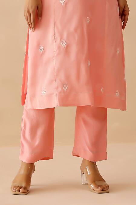 Masoomm_Pink Silk, Cotton, Organza Embroidery, Lace Round Neck Floral Salmon Kurta Set _at_Aza_Fashions