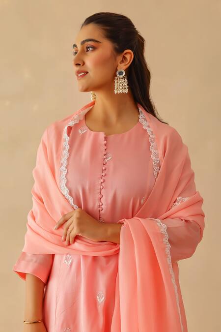 Buy_Masoomm_Pink Silk, Cotton, Organza Embroidery, Lace Round Neck Floral Salmon Kurta Set 