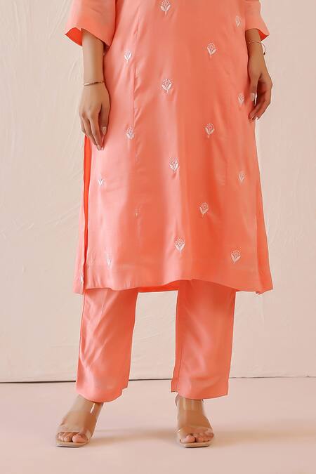 Masoomm_Peach Silk, Cotton, Organza Embroidery, Lace Round Neck Kurta Set _Online_at_Aza_Fashions