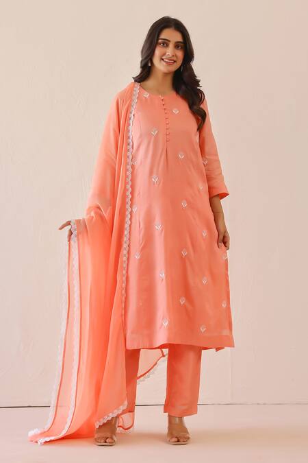 Shop_Masoomm_Peach Silk, Cotton, Organza Embroidery, Lace Round Neck Kurta Set _Online_at_Aza_Fashions