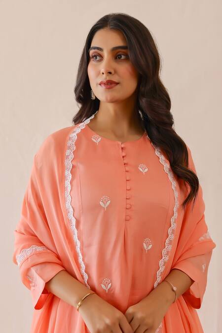 Masoomm_Peach Silk, Cotton, Organza Embroidery, Lace Round Neck Kurta Set _at_Aza_Fashions