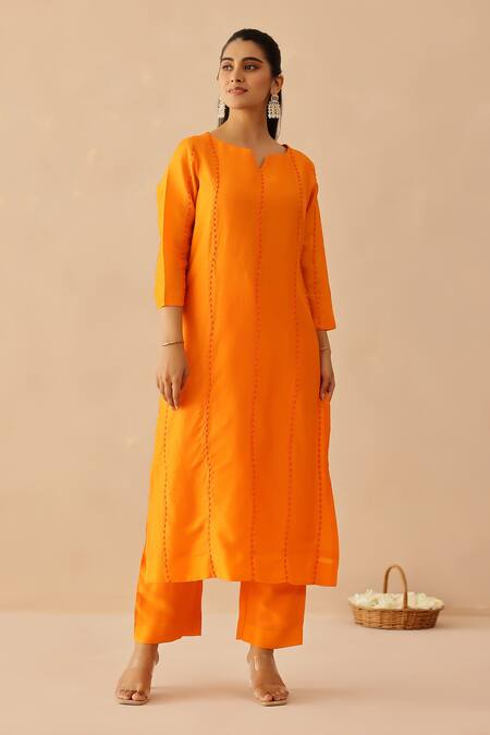 Buy_Masoomm_Orange Silk, Cotton, Organza Embroidery Round Neck, Kurta Set _Online_at_Aza_Fashions