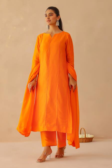 Shop_Masoomm_Orange Silk, Cotton, Organza Embroidery Round Neck, Kurta Set _Online_at_Aza_Fashions