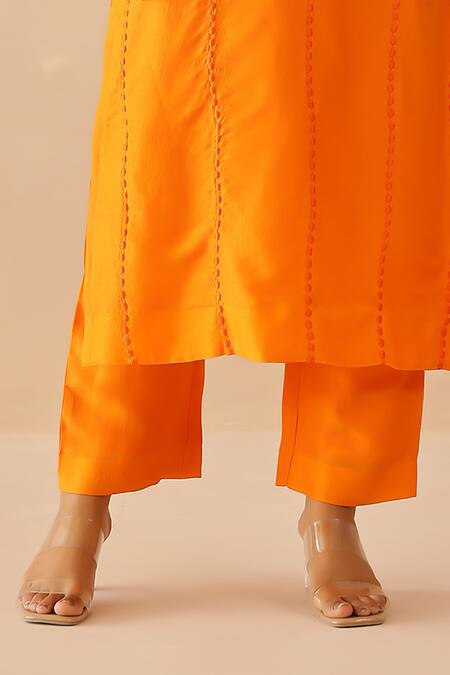 Masoomm_Orange Silk, Cotton, Organza Embroidery Round Neck, Kurta Set _at_Aza_Fashions