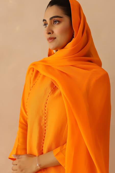 Buy_Masoomm_Orange Silk, Cotton, Organza Embroidery Round Neck, Kurta Set 