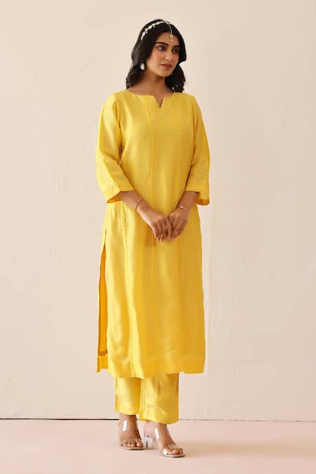 Shop_Masoomm_Yellow Silk, Cotton, Organza Embroidery Round Neck Butter Kurta Set _Online_at_Aza_Fashions