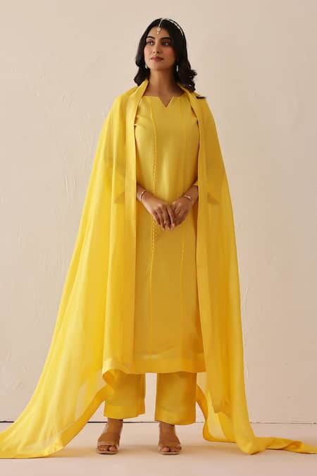Masoomm_Yellow Silk, Cotton, Organza Embroidery Round Neck Butter Kurta Set _at_Aza_Fashions