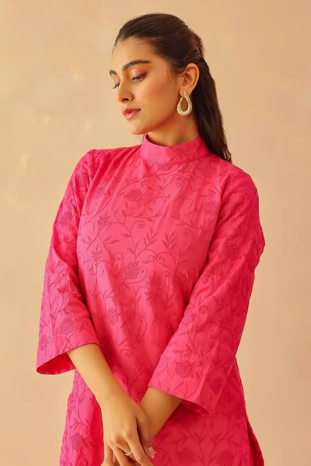 Buy_Masoomm_Pink Satin, Cotton Embroidery Round Neck Fuscia Tunic Set _Online_at_Aza_Fashions