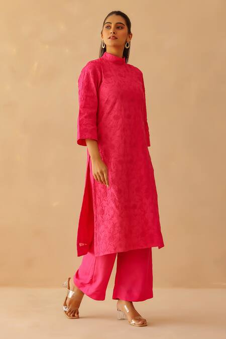 Shop_Masoomm_Pink Satin, Cotton Embroidery Round Neck Fuscia Tunic Set _Online_at_Aza_Fashions