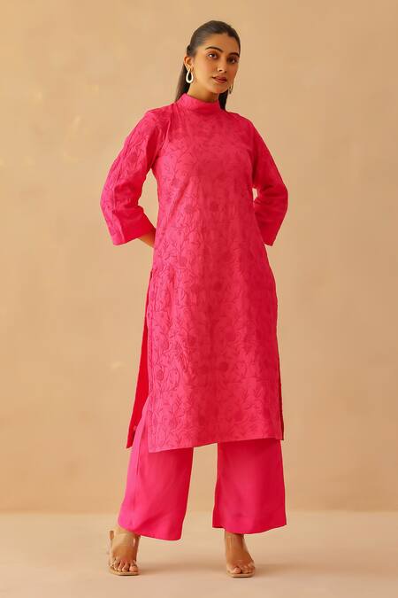 Masoomm_Pink Satin, Cotton Embroidery Round Neck Fuscia Tunic Set _at_Aza_Fashions