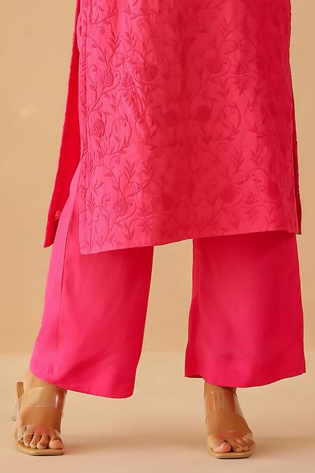 Buy_Masoomm_Pink Satin, Cotton Embroidery Round Neck Fuscia Tunic Set 