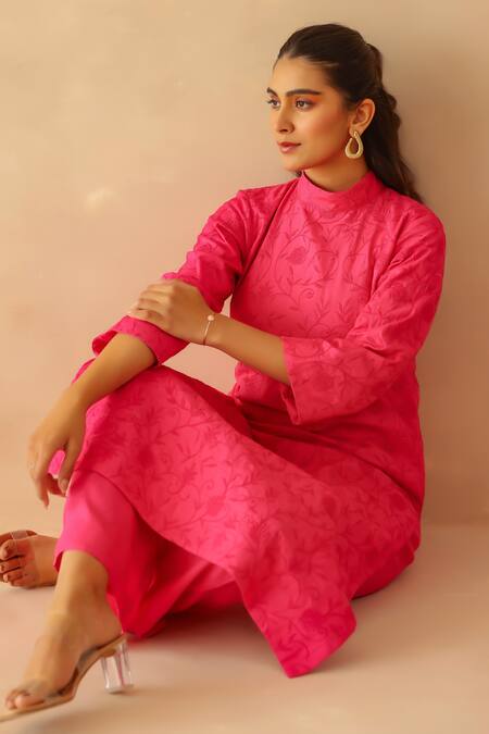 Shop_Masoomm_Pink Satin, Cotton Embroidery Round Neck Fuscia Tunic Set 