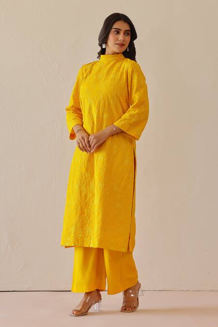 Masoomm_Yellow Satin Embroidery Round Neck Tunic Set _Online_at_Aza_Fashions