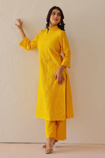 Shop_Masoomm_Yellow Satin Embroidery Round Neck Tunic Set _Online_at_Aza_Fashions