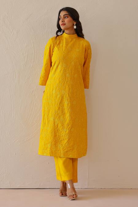 Masoomm_Yellow Satin Embroidery Round Neck Tunic Set _at_Aza_Fashions