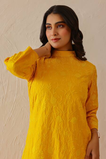 Buy_Masoomm_Yellow Satin Embroidery Round Neck Tunic Set 