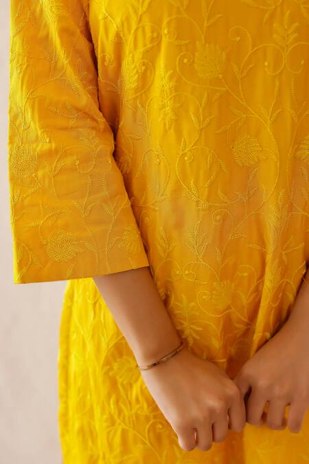 Shop_Masoomm_Yellow Satin Embroidery Round Neck Tunic Set 