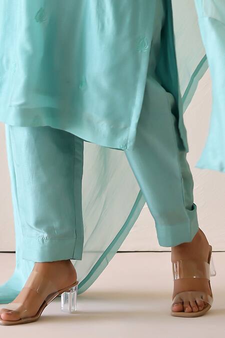 Buy_Masoomm_Aqua Silk, Cotton, Organza V-neck Self Embroidered Blue Kurta Set _Online_at_Aza_Fashions