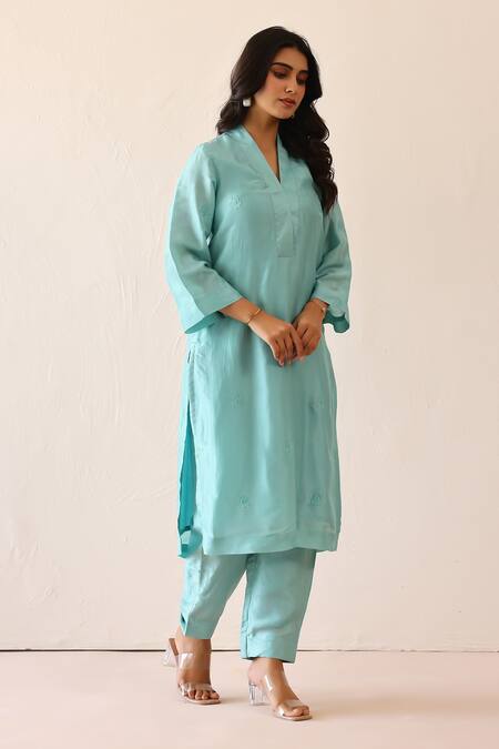 Shop_Masoomm_Aqua Silk, Cotton, Organza V-neck Self Embroidered Blue Kurta Set _Online_at_Aza_Fashions