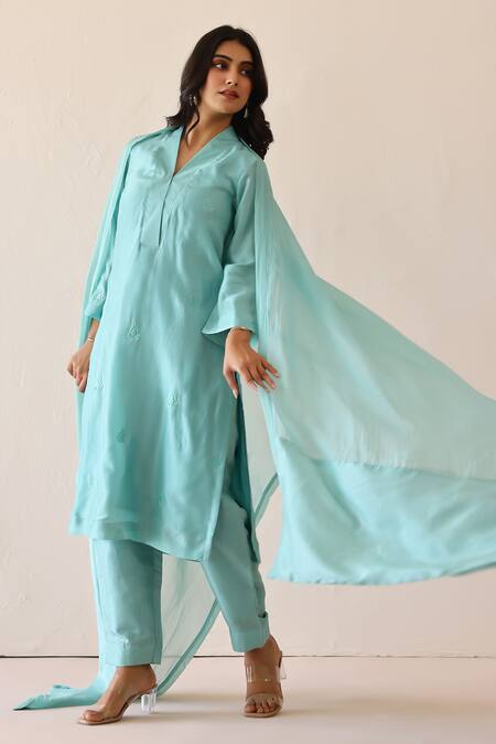 Masoomm_Aqua Silk, Cotton, Organza V-neck Self Embroidered Blue Kurta Set _at_Aza_Fashions