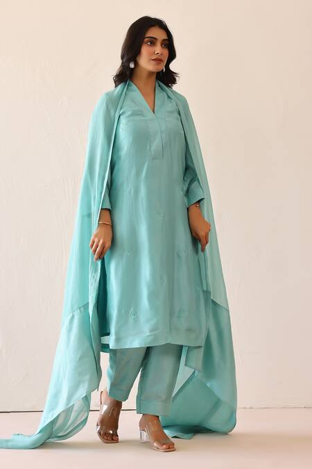 Buy_Masoomm_Aqua Silk, Cotton, Organza V-neck Self Embroidered Blue Kurta Set 