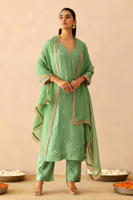 Masoomm_Green Silk, Cotton, Organza Lace V-neck Embroidered Kurta Set _at_Aza_Fashions