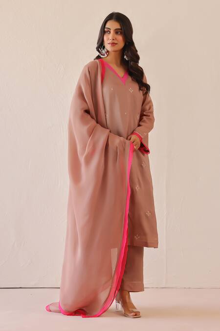 Masoomm_Mauve Silk, Cotton, Organza Embroidery, Lace V-neck Kurta Set _at_Aza_Fashions
