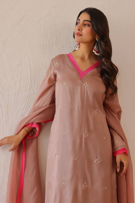 Shop_Masoomm_Mauve Silk, Cotton, Organza Embroidery, Lace V-neck Kurta Set 