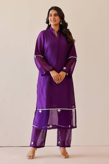 Buy_Masoomm_Purple Silk, Cotton, Organza Embroidery Mandarin Collar Kurta Set _Online_at_Aza_Fashions