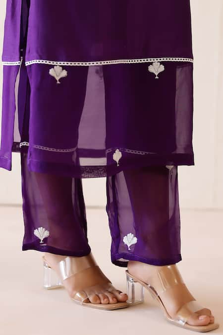 Shop_Masoomm_Purple Silk, Cotton, Organza Embroidery Mandarin Collar Kurta Set _Online_at_Aza_Fashions