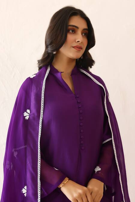 Masoomm_Purple Silk, Cotton, Organza Embroidery Mandarin Collar Kurta Set _at_Aza_Fashions