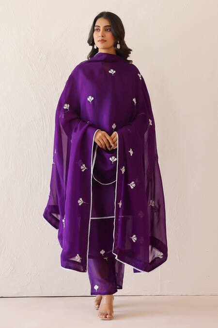 Buy_Masoomm_Purple Silk, Cotton, Organza Embroidery Mandarin Collar Kurta Set 