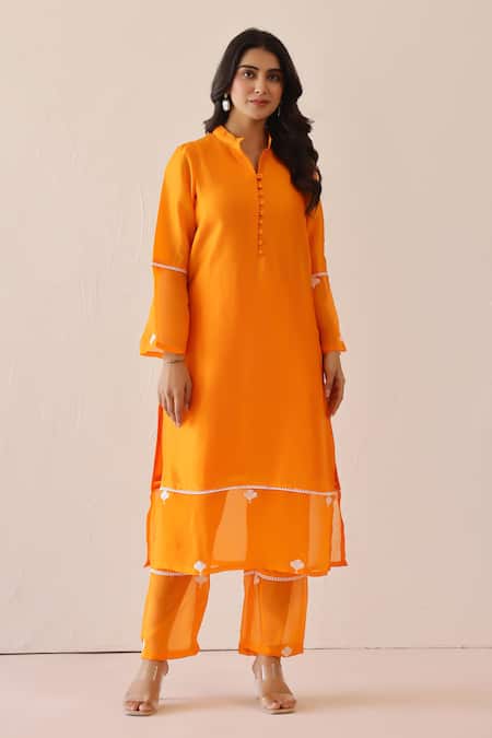 Masoomm_Orange Silk, Cotton, Organza Embroidery, Lace Mandarin Collar Kurta Set _Online_at_Aza_Fashions