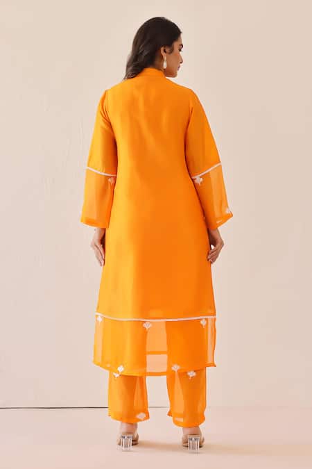 Shop_Masoomm_Orange Silk, Cotton, Organza Embroidery, Lace Mandarin Collar Kurta Set _at_Aza_Fashions