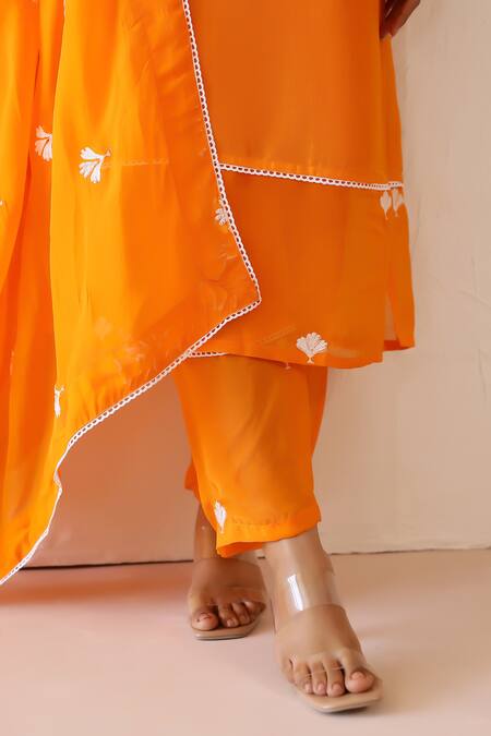 Buy_Masoomm_Orange Silk, Cotton, Organza Embroidery, Lace Mandarin Collar Kurta Set _Online_at_Aza_Fashions