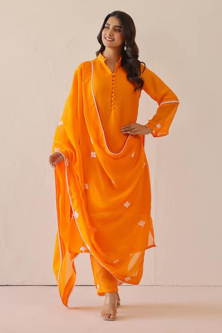 Shop_Masoomm_Orange Silk, Cotton, Organza Embroidery, Lace Mandarin Collar Kurta Set _Online_at_Aza_Fashions