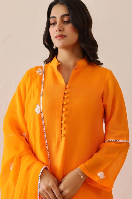 Masoomm_Orange Silk, Cotton, Organza Embroidery, Lace Mandarin Collar Kurta Set _at_Aza_Fashions