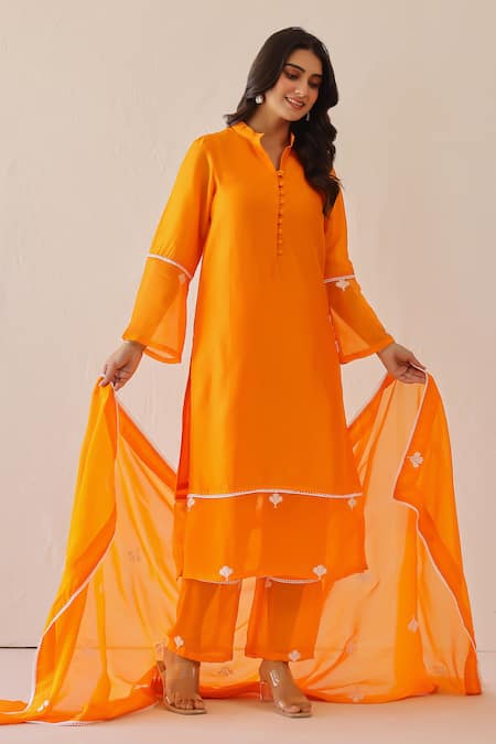 Buy_Masoomm_Orange Silk, Cotton, Organza Embroidery, Lace Mandarin Collar Kurta Set 
