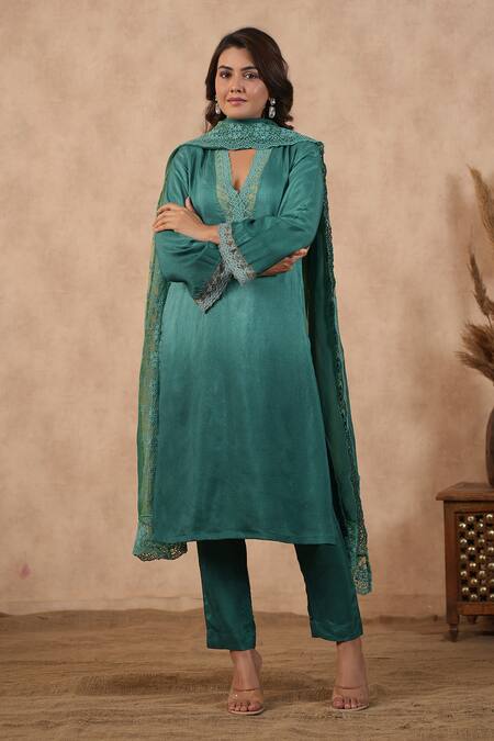 Buy_Masoomm_Multi Color Silk, Organza Lace V-neck Ombre Green Kurta Set With Dupatta 