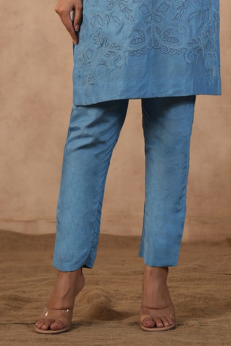 Masoomm_Blue Silk, Cotton, Organza Lace V-neck Embroidered Kurta Set _Online_at_Aza_Fashions