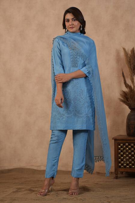 Shop_Masoomm_Blue Silk, Cotton, Organza Lace V-neck Embroidered Kurta Set _Online_at_Aza_Fashions